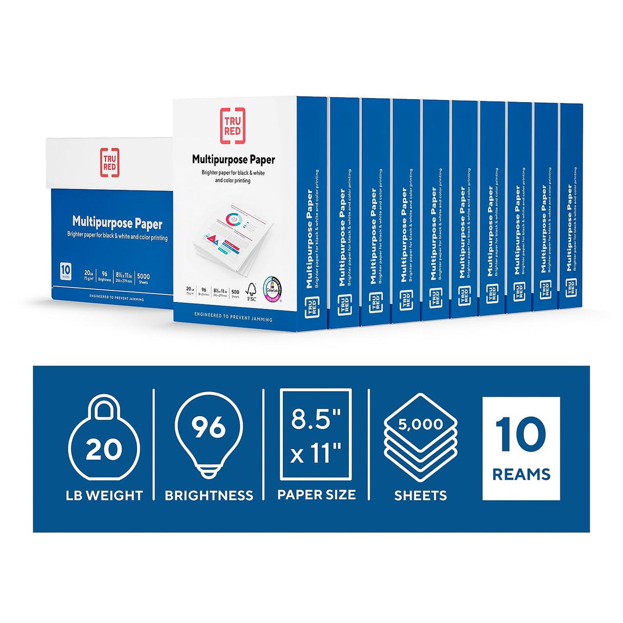 TRU RED Printer Paper, 8.5" x 11" -inch, 20 lbs., 96 Brightness Rating. Matte White Paper Finish (500 Sheets/Ream, 10 Reams/Carton) STAPLES