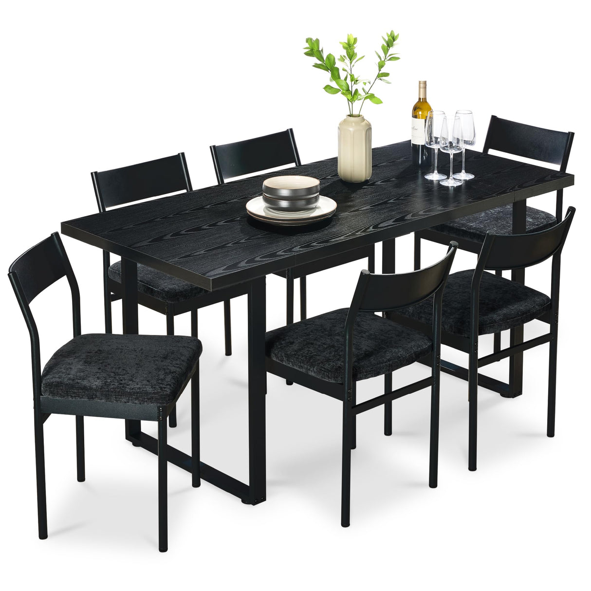 Best Choice Products 7-Piece Modern Dining Room Set, Kitchen Table Set, Dining Table w/ 6 Chairs, Upholstered Cushions, Solid Metal Frame, Curved Backrest - Black/Black Best Choice Products