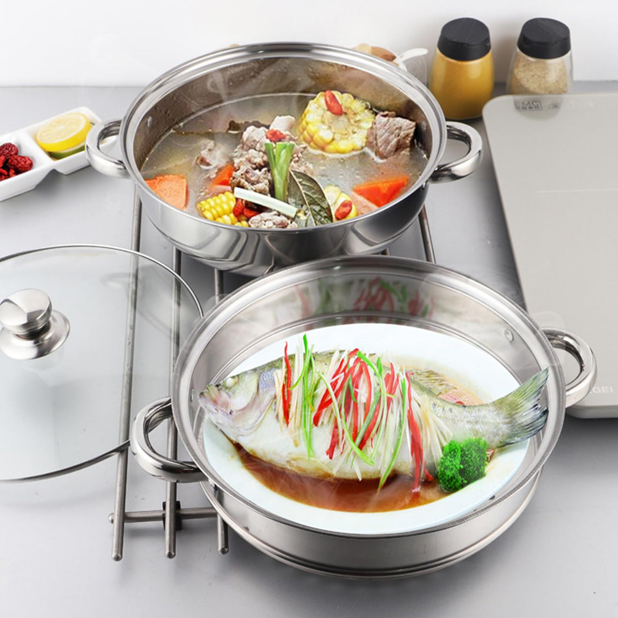 ZENFUN Steamer for Cooking, Steamer Pot with Steamer Insert, 2 Tier Stack and Steam Pot Set with Glass Lid, Stainless Steel Steamer Pot Double Handle, 11 Inch(Thickened) ZENFUN