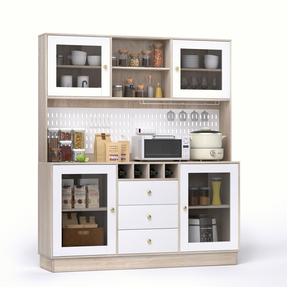 VOWNER Pantry Cabinet, Kitchen Storage Cabinet, Freestanding Buffet Hutch with Pegboard, Cup Holder, Power Outlet, 4 Doors & 3 Drawers, Cupboard with Microwave Shelf & Wine Racks (White and Oak Color) VOWNER