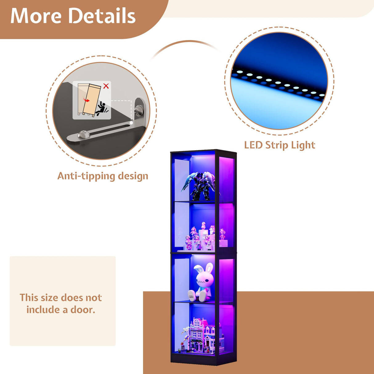 Jocisland 18x14 Inch Display Cabinet with RGB Lights, 4-Tier Storage Display Case for Collectibles, Adjustable Shelves, MDF and Tempered Glass, Black Jocisland
