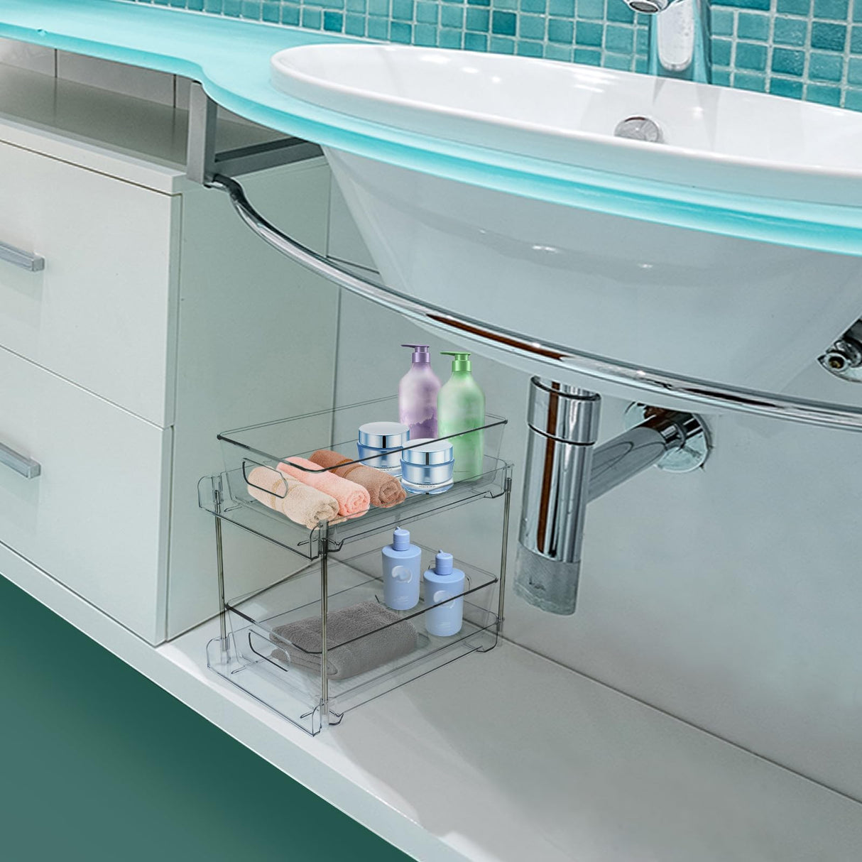 1 Pack 2-Tier Bathroom Organizers and Storage, Clear Under Sink Organizer Vanity Countertop Storage Pantry Organizers, Pull-Out Cabinet Organizer With Track For Bathroom, Kitchen, Pantry COKIHOM