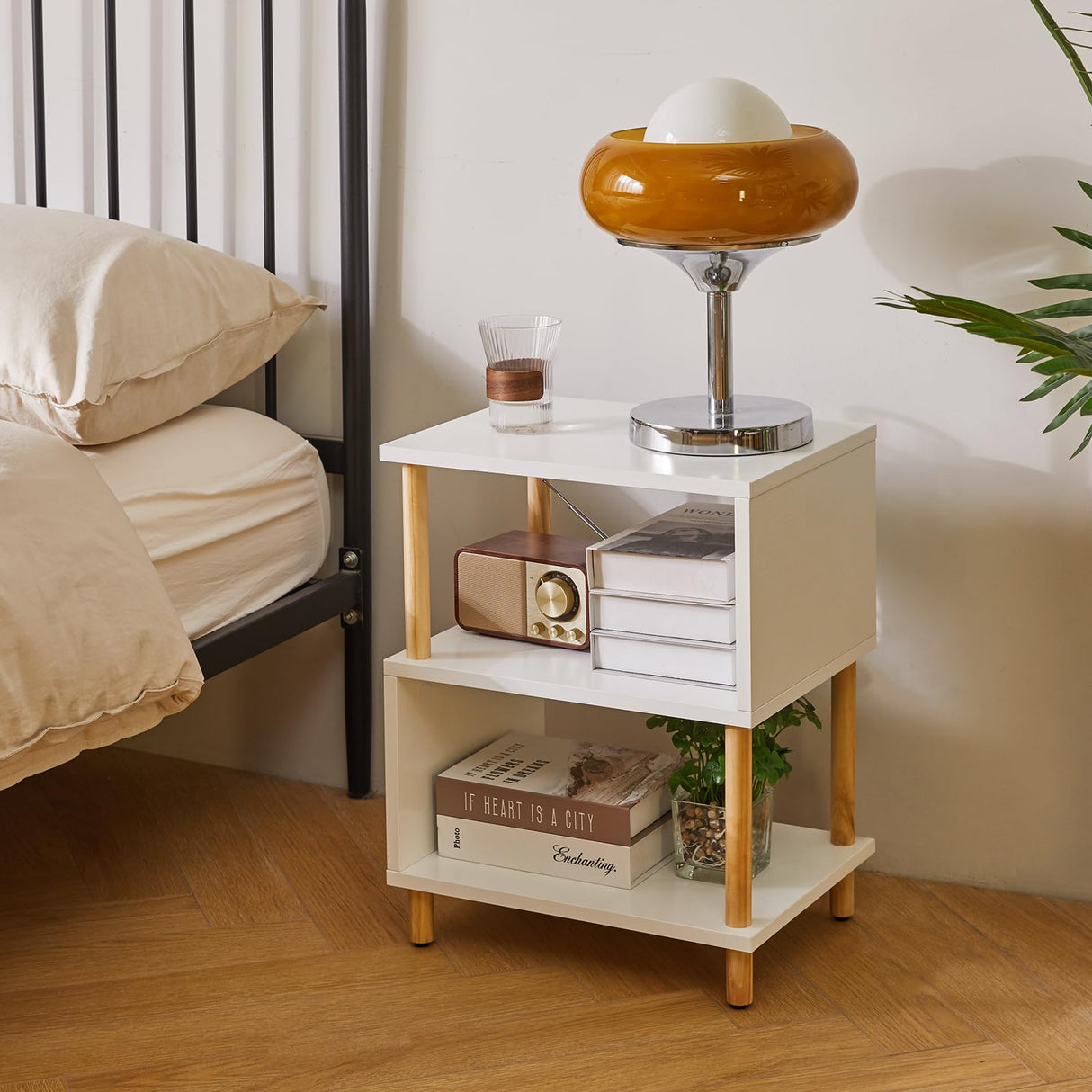Aibiju White Night Stand with Open Storage Shelf, Wood Nightstand S Shape, Bed Side Table 3 Tier 20 inch high, End Table White/Natural Wood YD-TM152W Aibiju