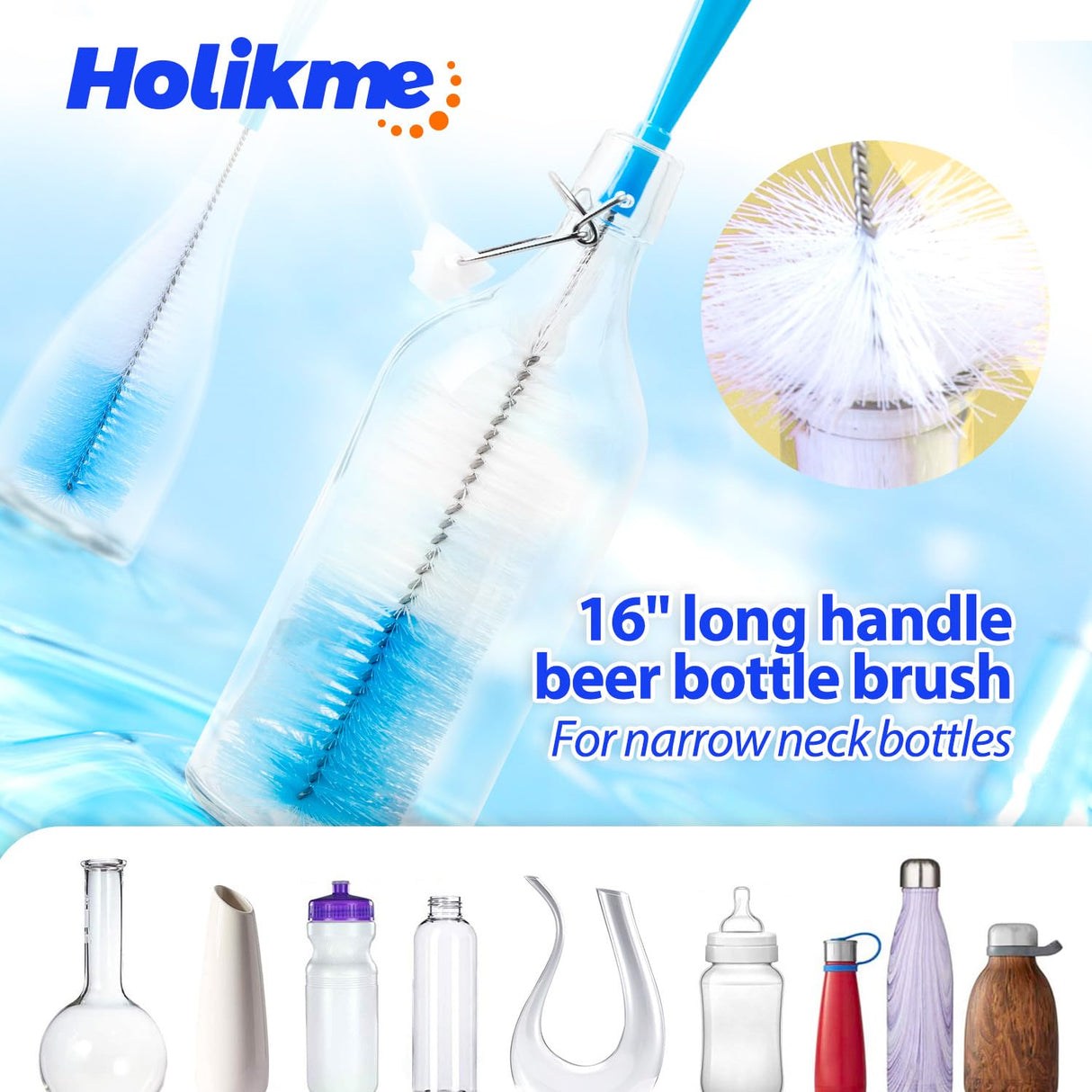 Holikme Bottle Brush Tube Cleaning Set with Long Handle, Cup Cleaner for Washing Narrow Neck Beer Wine Decanter Pipes Lids Sinks Cap Covers, White Holikme