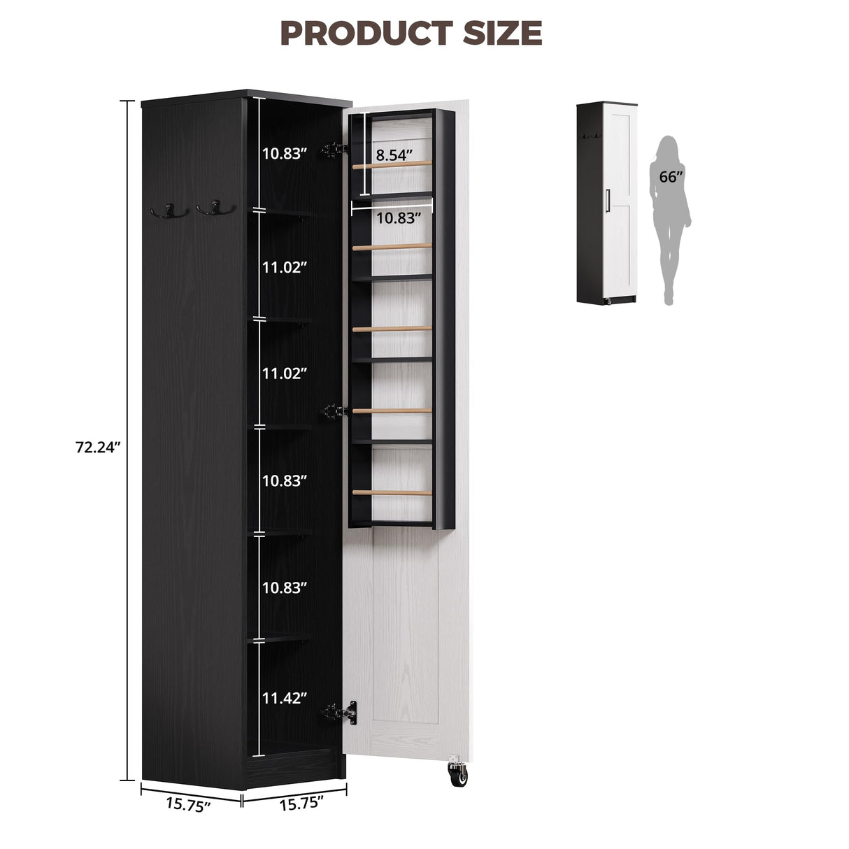 IRONCK Small Kitchen Pantry Cabinet 72" for Small Space, with Single Door and Adjustable Shelves, Freestanding Storage Cabinet for Living Room, Bathroom, Black and White IRONCK