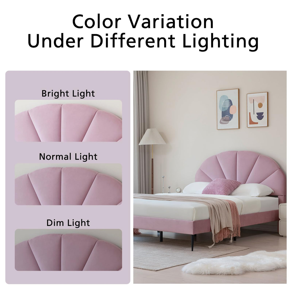 VELOCAVA Pink Bed Frame Full Size, Aesthetic Upholstered Bed with Unique Seashell Headboard, Soft Velvet Platform Bed, Strong Wooden Slats Support, No Box Spring Needed, Heavy Duty, Easy to Assemble VELOCAVA