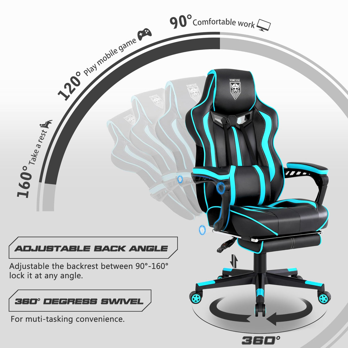 Vonesse Gaming Chair for Adults Gaming Chairs with Footrest Reclining Computer Gaming Chair for Heavy People Gamer Chair Big and Tall Ergonomic Game Chair Racing Chair with Lumbar Pillow(Teal/Cyan) Vonesse
