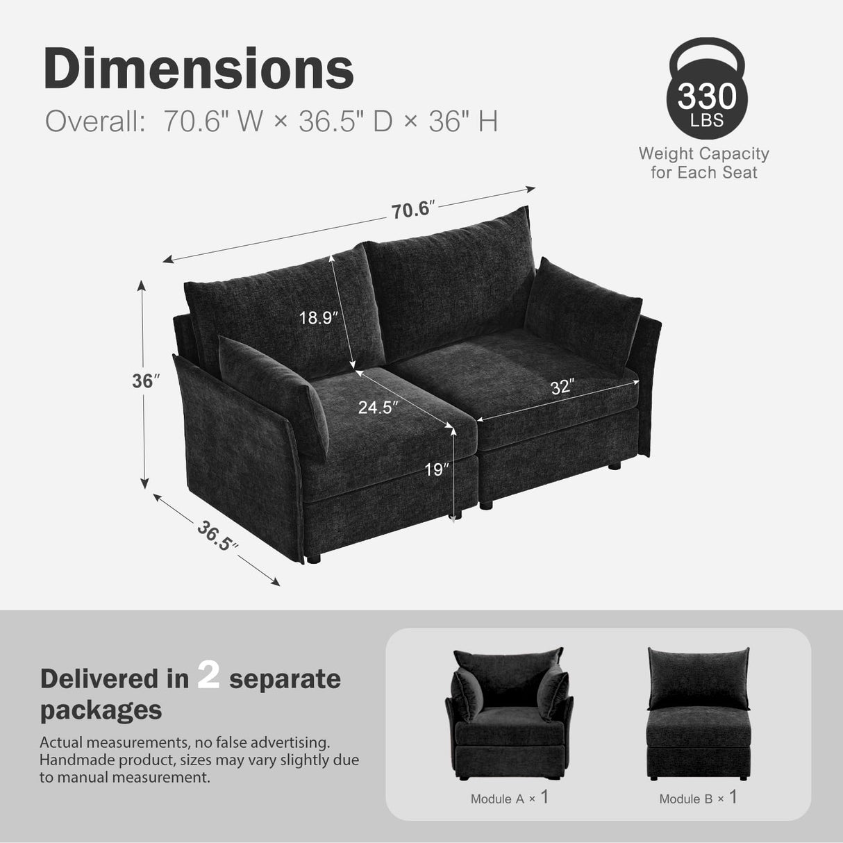 ABCASA Oversized Loveseat Sofa, Modern Modular Sectional Couch Black Fluffy Chenille Mid Century 2-Seat 24.5" Deep Seat for Apartment, Living Room, Bedroom ABCASA