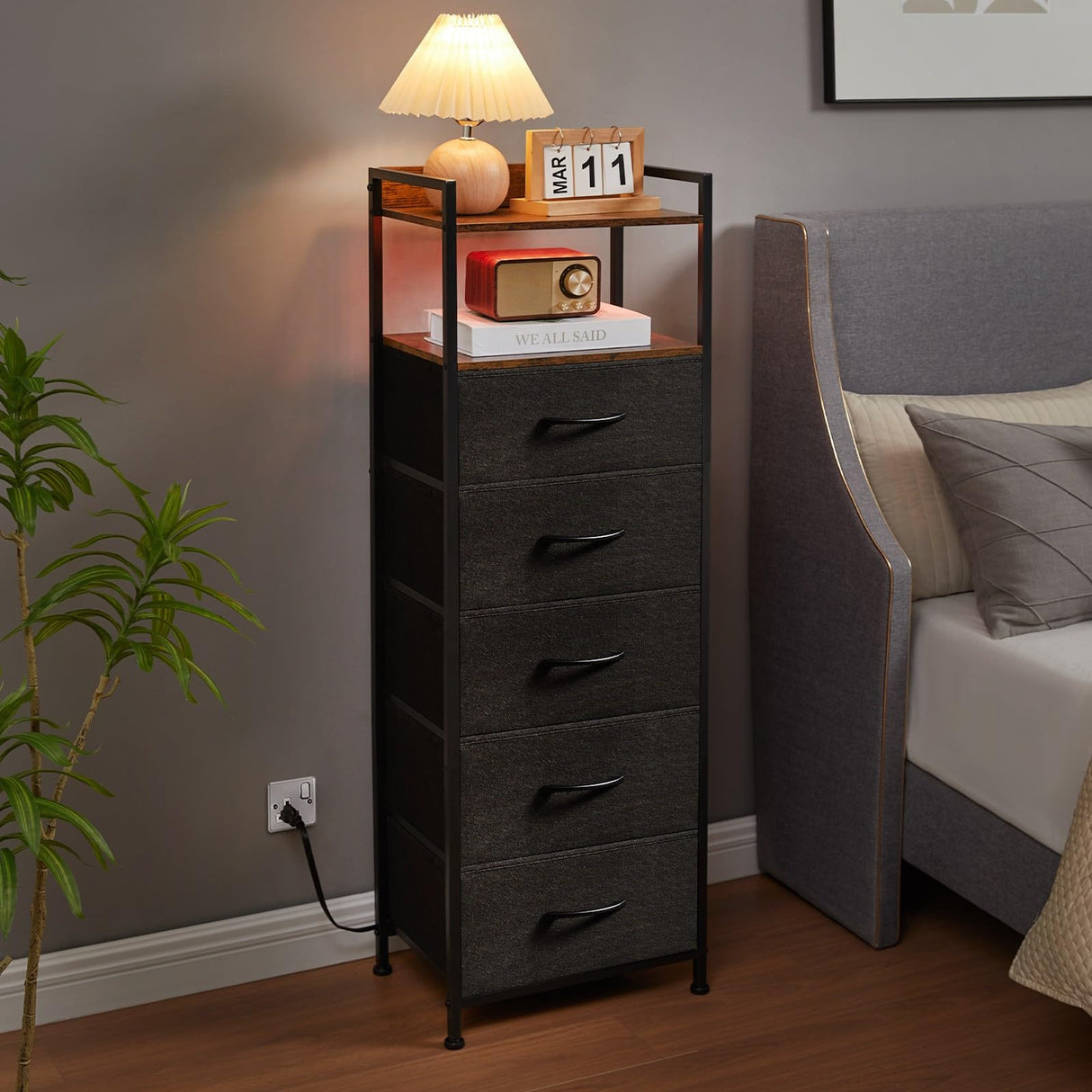 Somdot Black Nightstand with Charging Station and LED Light for Bedroom, Tall 5 Drawers Dresser with Fabric Bins for Bedside Kids Dorm Room Closet Laundry Entryway, Black Rustic Brown Somdot