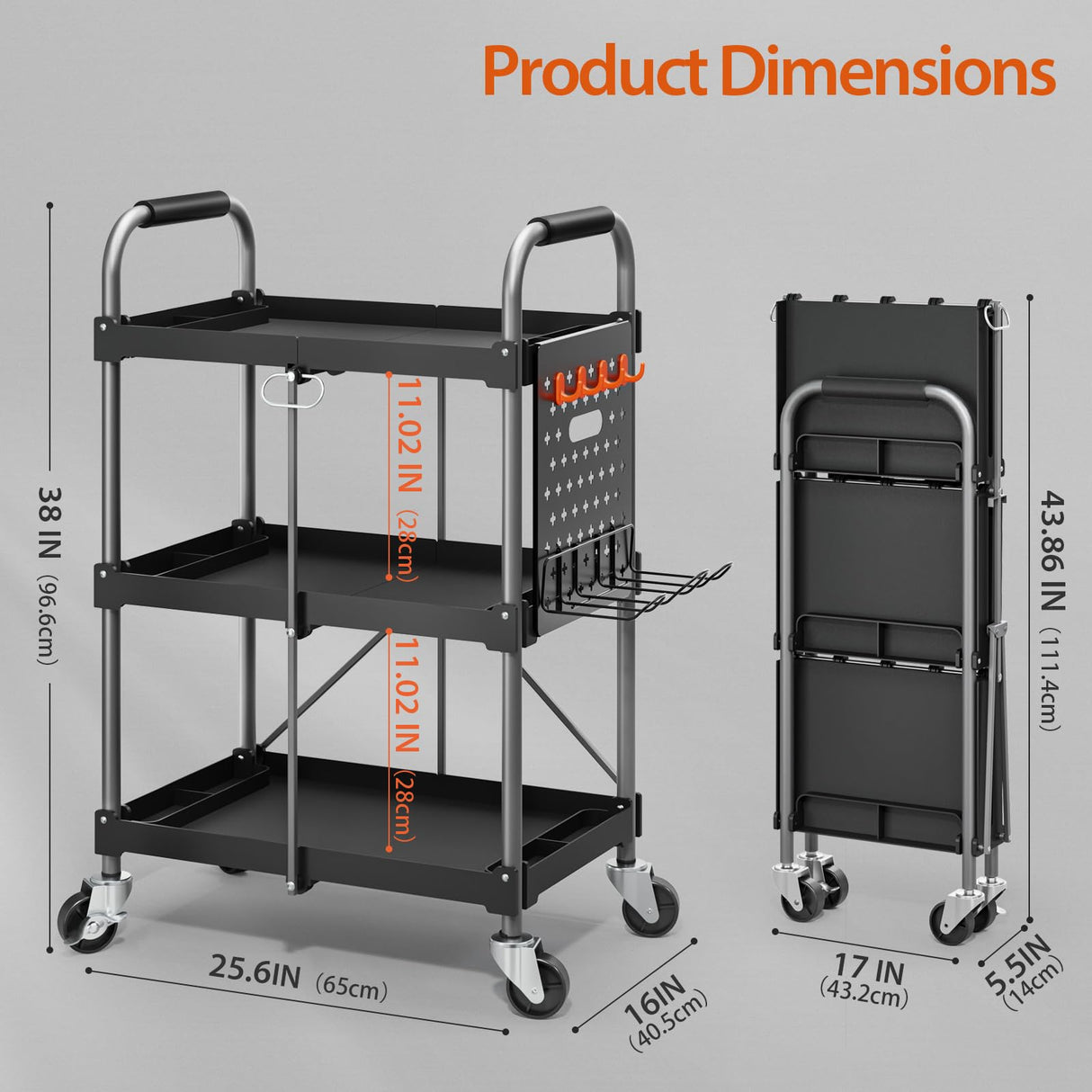 KINGRACK 3 Tier Rolling Tool Cart with Wheels and Ergonomic Handle, Heavy Duty Foldable Utility Service Cart with Organizer Shelf, Multifunctional Storage Organizer, Practical for Home, Office, Garage KINGRACK