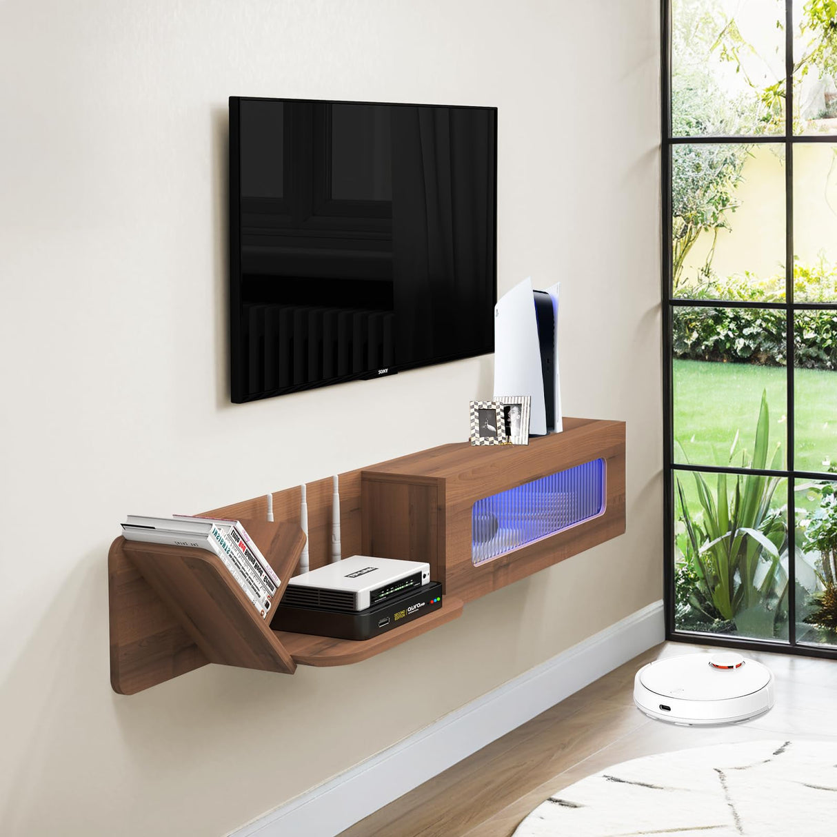 Pmnianhua Rustic Floaing TV Stand with LED Lights,59'' Wall Mounted Media Console,Floating Entertainment Center,Floating Shelf with Glass Door and Storage for Under TV Projector(White) Pmnianhua