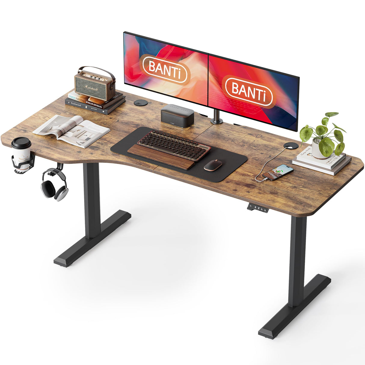 BANTI 63"x28" L Shaped Standing Desk, Electric Stand up Height Adjustable Home Office Table, Sit Stand Desk, Rustic Brown Top BANTI