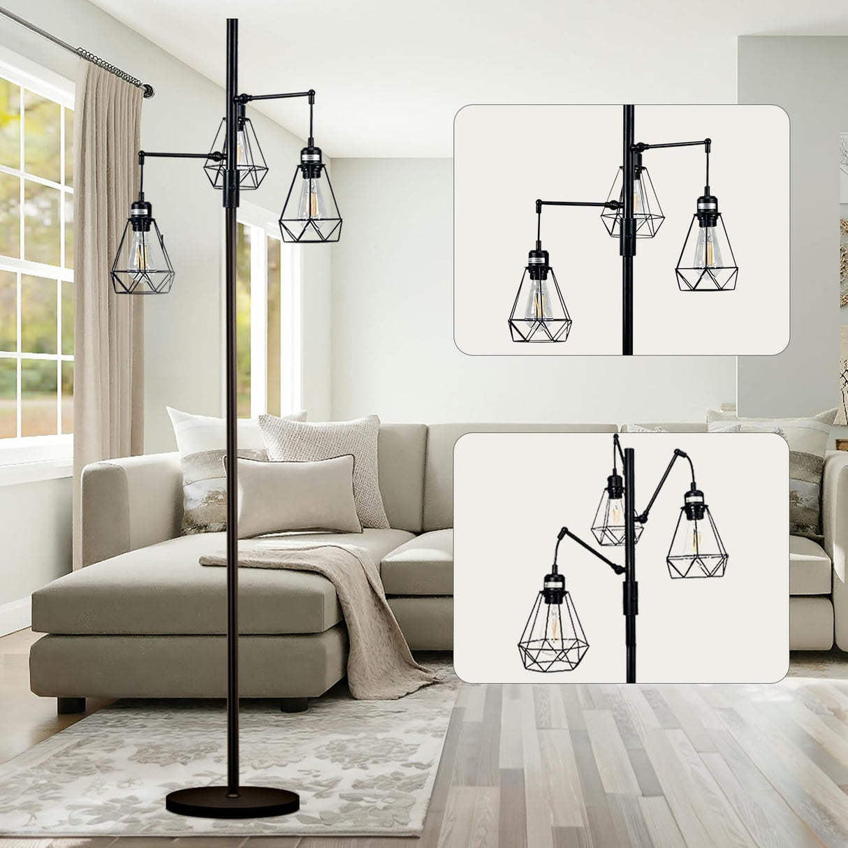 JuGuo 69'' Dimmable Farmhouse Floor Lamp with 3X9W Edison Bulbs, Industrial Vintage Tree Design & Adjustable Diamond Cages, Black Rustic Lighting for Living Room/Office JuGuo