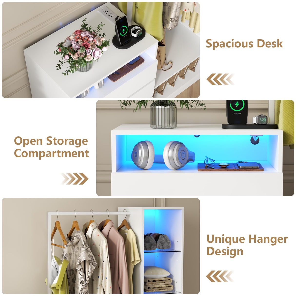 Armoire Wardrobe Closet with Hanging Rod & 3 Drawers, Large Clothing Storage Cabinet with Charging Station & Led Lights, Closet Organizers and Storage with Adjustable Shelf, White Dresser for Bedroom Gyfimoie