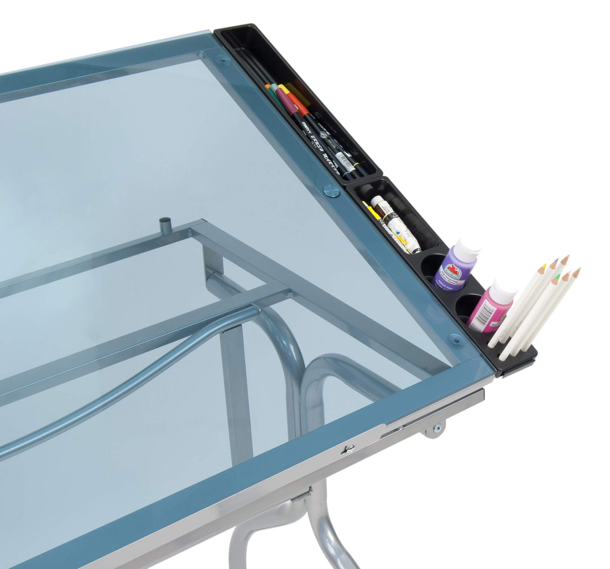 Studio Designs Folding Modern Glass Top Adjustable Drafting Table Craft Table Drawing Desk Hobby Table Writing Desk Studio Desk, 35.25" W x 23.75" D, Silver / Blue Glass SD STUDIO DESIGNS
