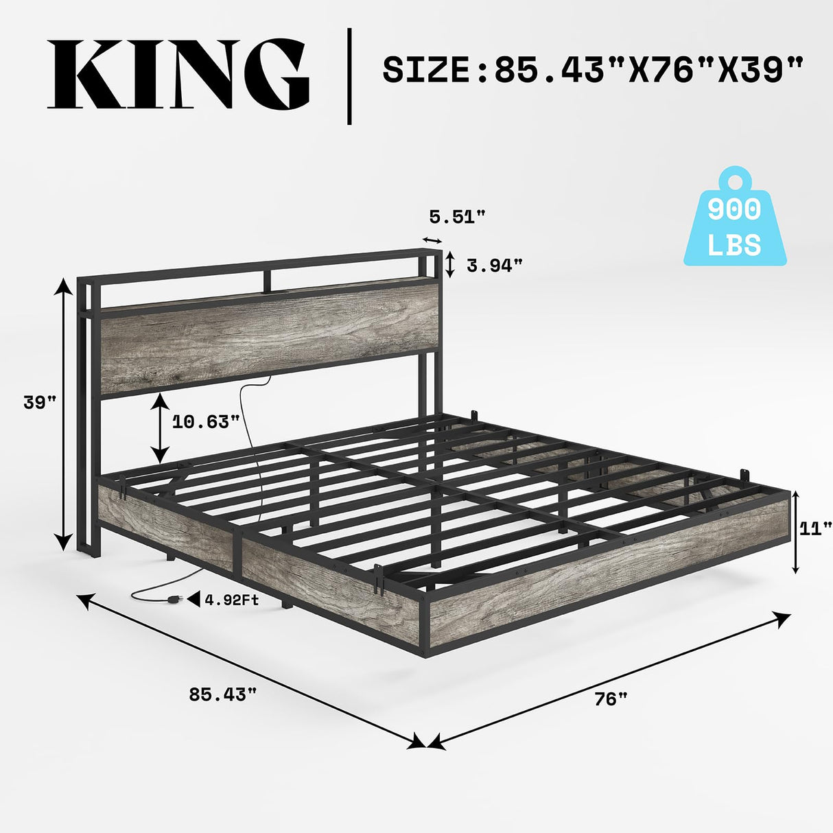 AMERLIFE King Size Industrial Floating Bed Frame with LED Lights and Charging Station AMERLIFE