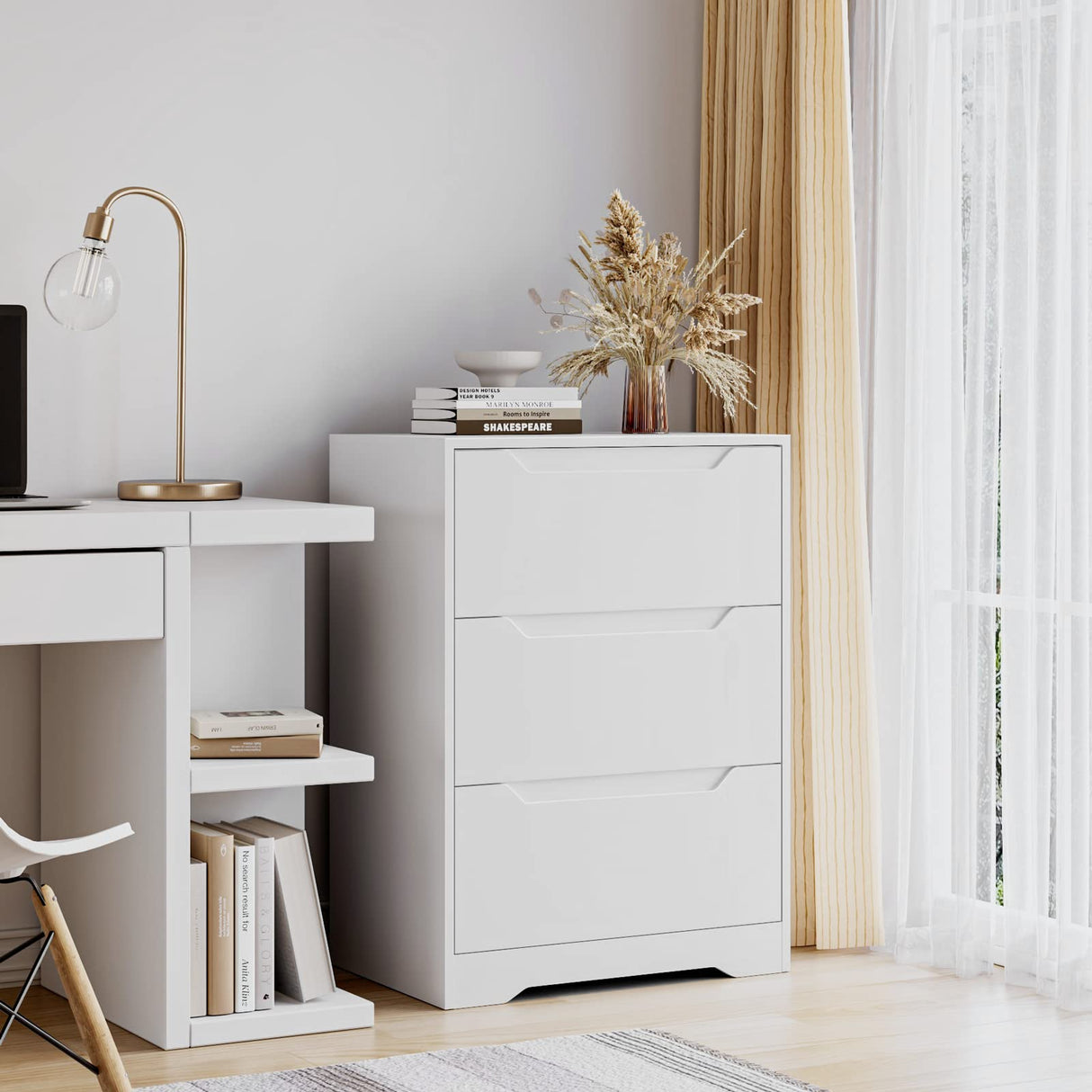 HOSTACK Modern 3 Drawer Dresser, Wood Chest of Drawers with Storage, Tall Nightstand with Cut-Out Handles, Side End Table, Accent Storage Cabinet for Living Room, Entryway, White HOSTACK