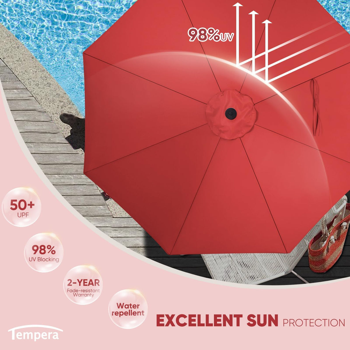 Tempera 9ft Patio Market Outdoor Table Umbrella with Push Button Tilt and Crank,Large Sun Umbrella with Sturdy Pole&Fade resistant canopy,Easy to set, Rust Red Tempera