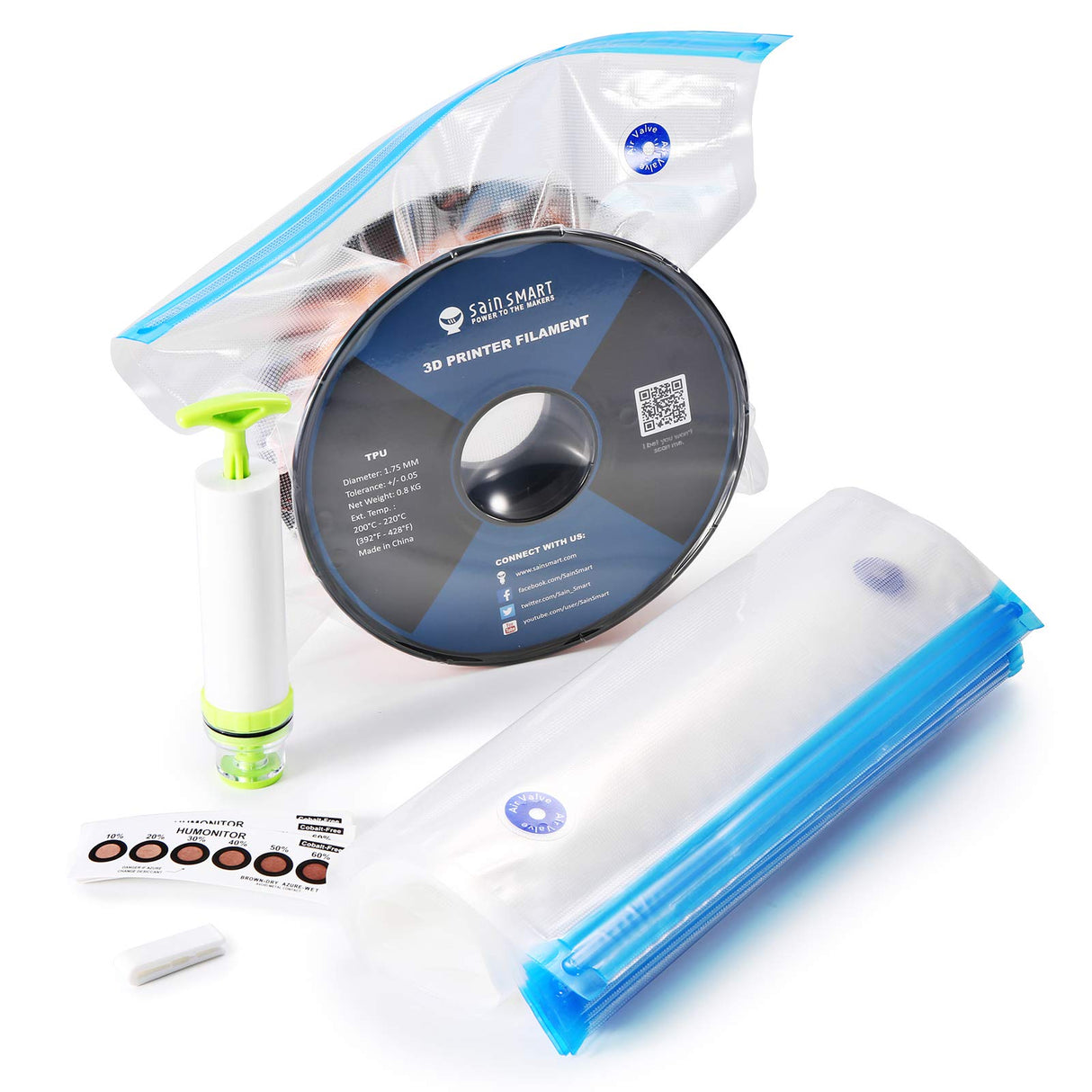 eVacuum 3D Printer Filament Storage Kit Filament Vacuum Bags Vacuum Compression Storage Bags, Prevent and Monitor Moisture - 10 Bags with 15 Desiccants, 15 Humidity Indicator Cards and 1 Hand Pump SainSmart