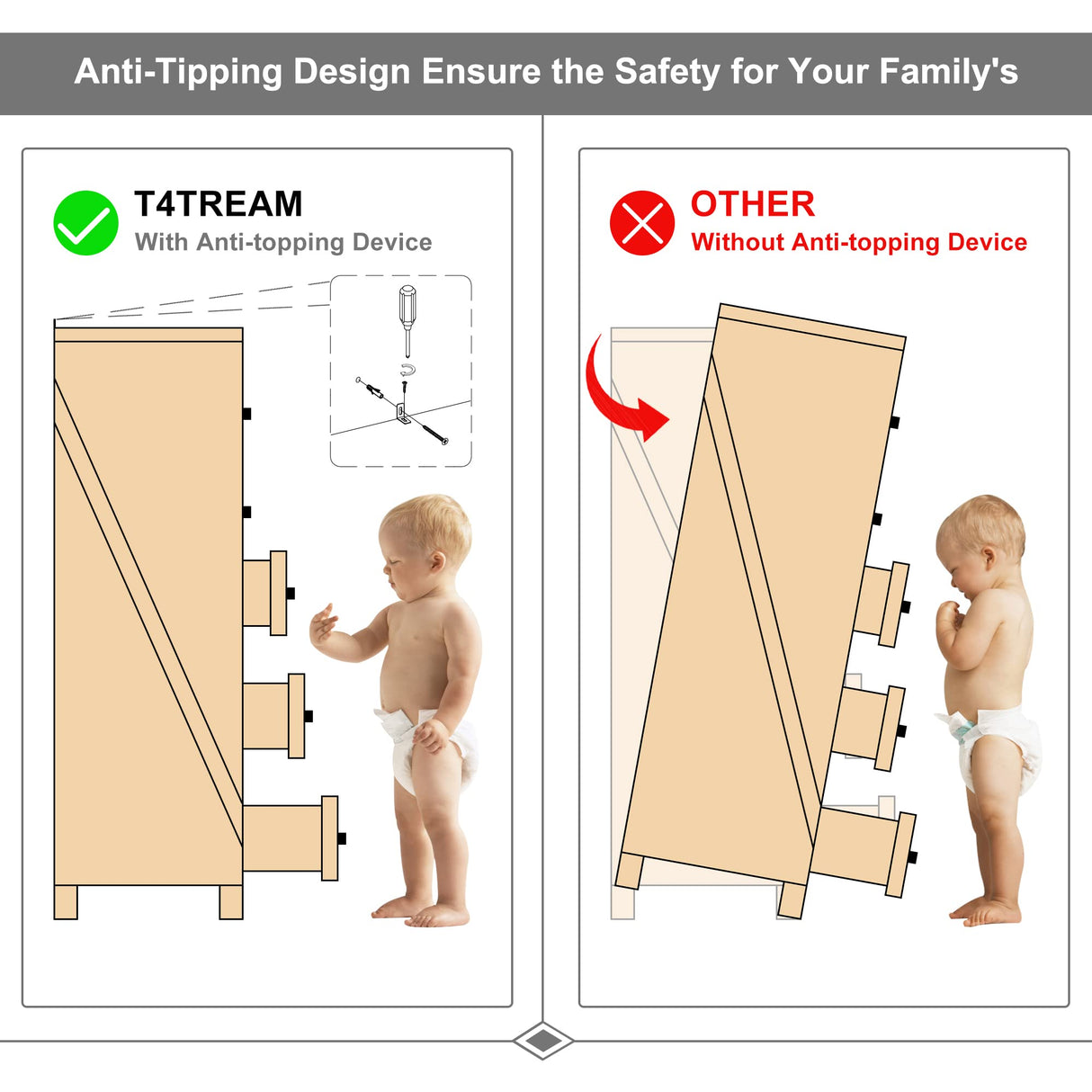 T4TREAM Farmhouse 5 Drawers Dresser Chests for Bedroom, Wood Rustic Tall Chset of Drawers,Dressers Organizer for Bedroom, Living Room,Hallway, Reclaimed Barnwood T4TREAM