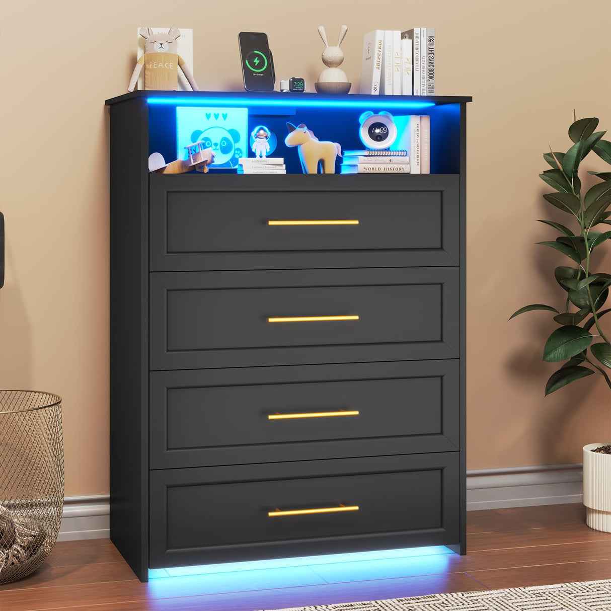 AOGLLATI Black Dresser for Bedroom with Charging Station, Chest of Drawer with Dual Led Light,4 Drawer Dresser, Modern Bedroom Led Wood Wide Dresser for Bedroom AOGLLATI