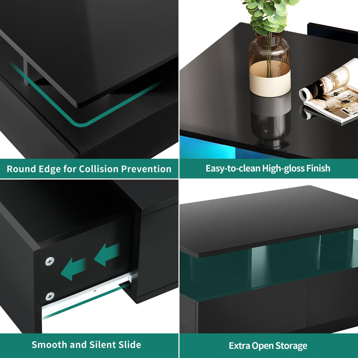 YITAHOME LED Coffee Table with Storage, High Glossy LED Coffee Tables for Living Room, Modern Black Rectangle Coffe Table, Small Center Table with Open Display Shelf & Sliding Drawers, Black YITAHOME