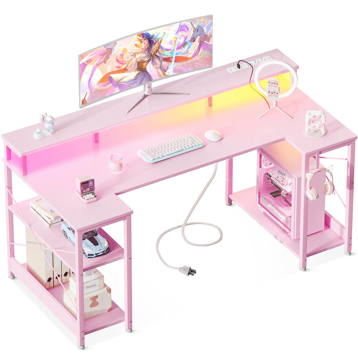 ODK 48 Inch Gaming Desk with LED Lights and Power Outlet, U-Shaped Computer Desk with Monitor Stand and Storage Shelves, PC Gamer Table for Home Office, Carbon Fiber Pink ODK