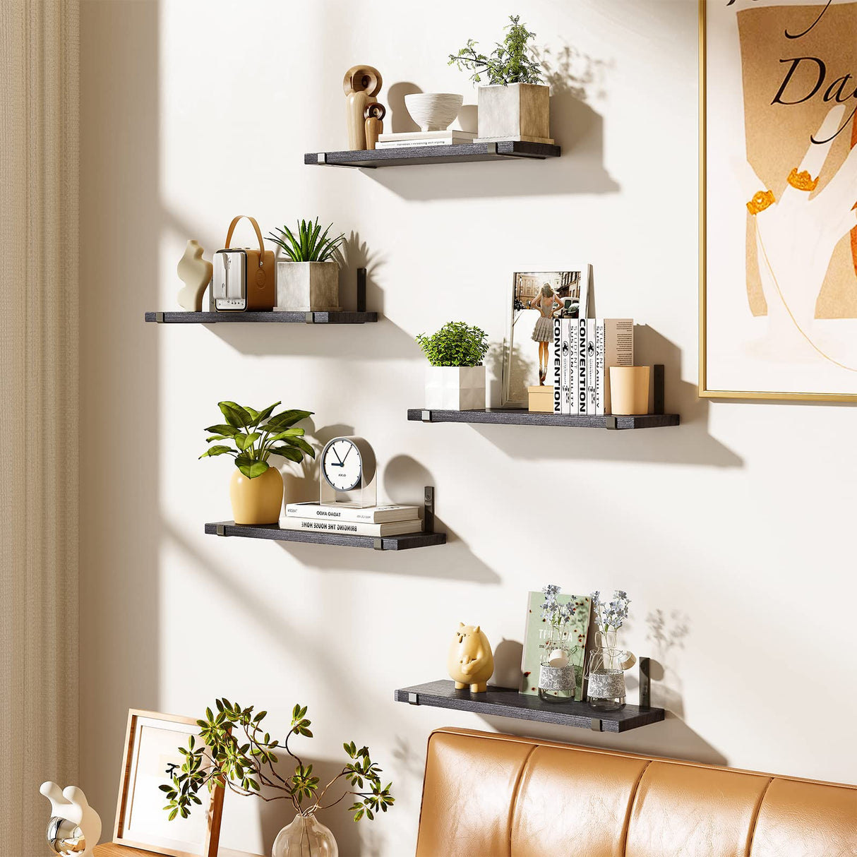 Fixwal Floating Shelves Set of 5, Width 4.7 Inches Black Wall Shelves, Rustic Wood Wall Storage Shelves for Bedroom, Living Room, Kitchen, Bathroom, Home Decor, Laundry Room, Office and Plants (Black) Fixwal