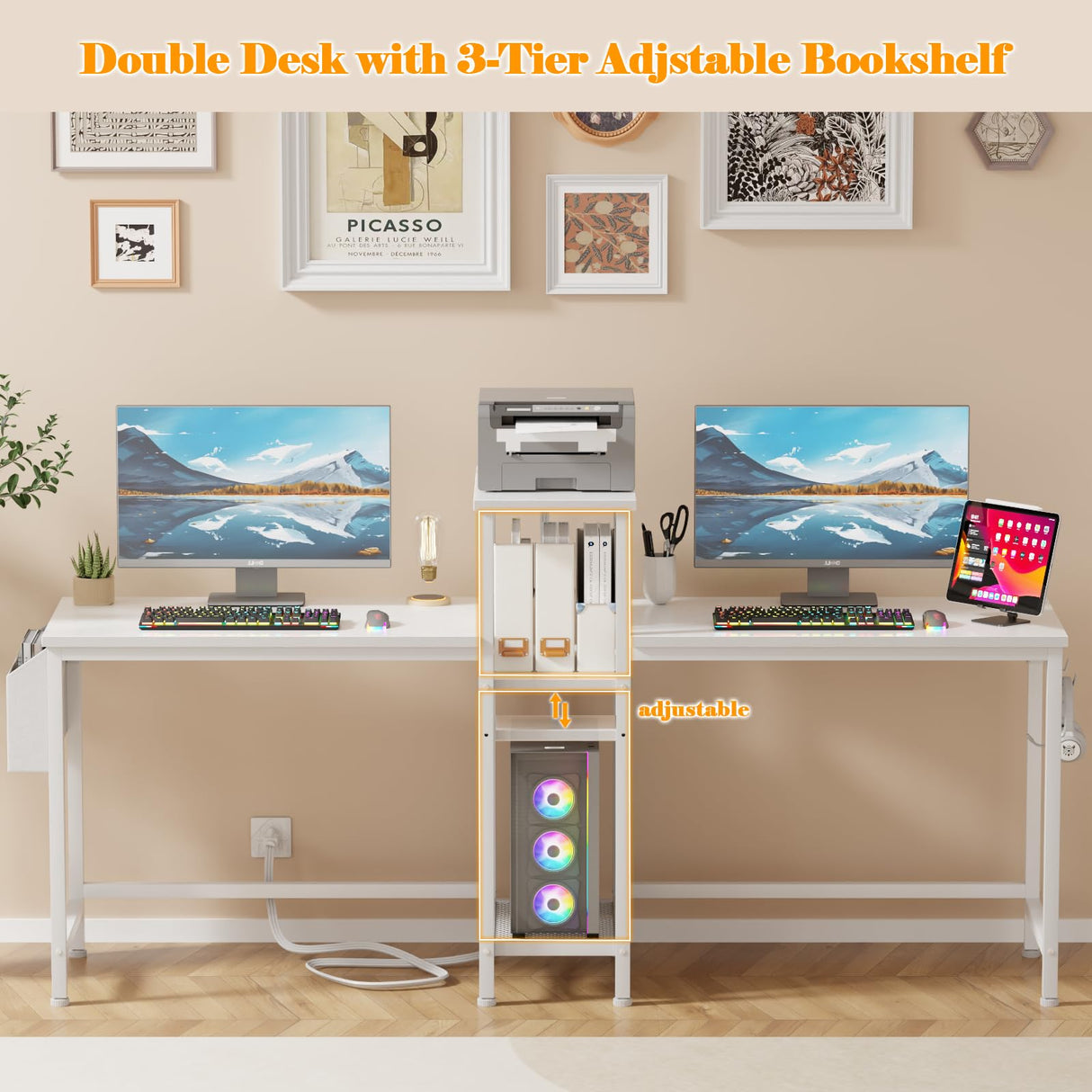 Furologee Double Desk with Power Outlets, 71 Inch Computer Desk with Storage Bag and Headphone Hooks, Gaming Desk Study Writing Table for Home Office, White Furologee