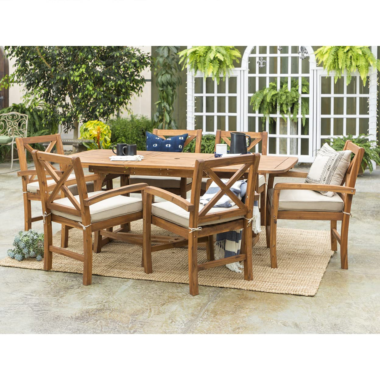 Walker Edison Delray Classic 7 Piece Acacia Wood Outdoor Dining Set with X Back Chairs, Set of 7, Brown Walker Edison