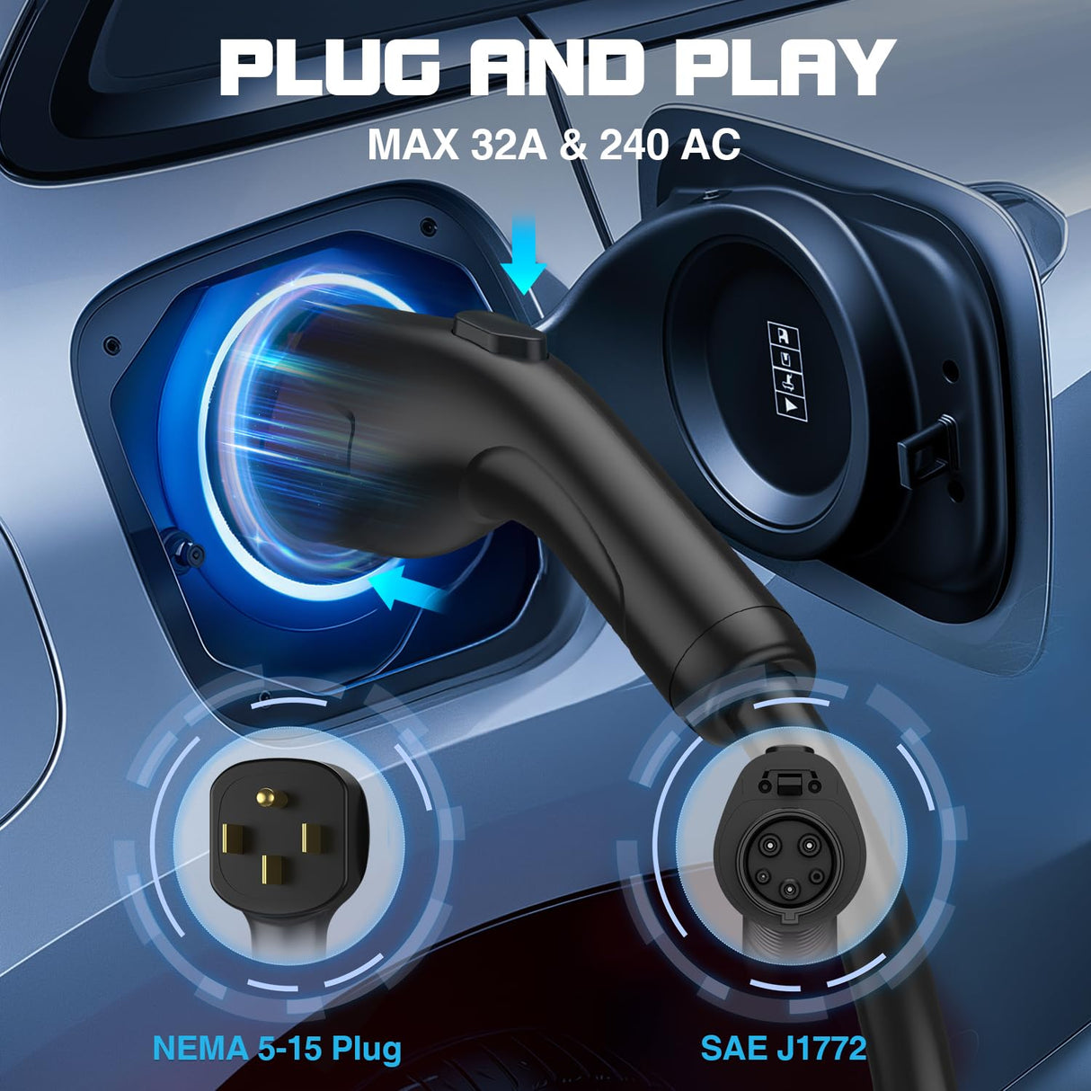 Portable EV Charger Level 2, ETL Certified 32A 240V NEMA 14-50 Electric Vehicle Charger, 7.4KW Level 2 Car Charger for J1772 with 25FT Adjustable Current and Reserve Charging Time for Home & Travel GRECELL