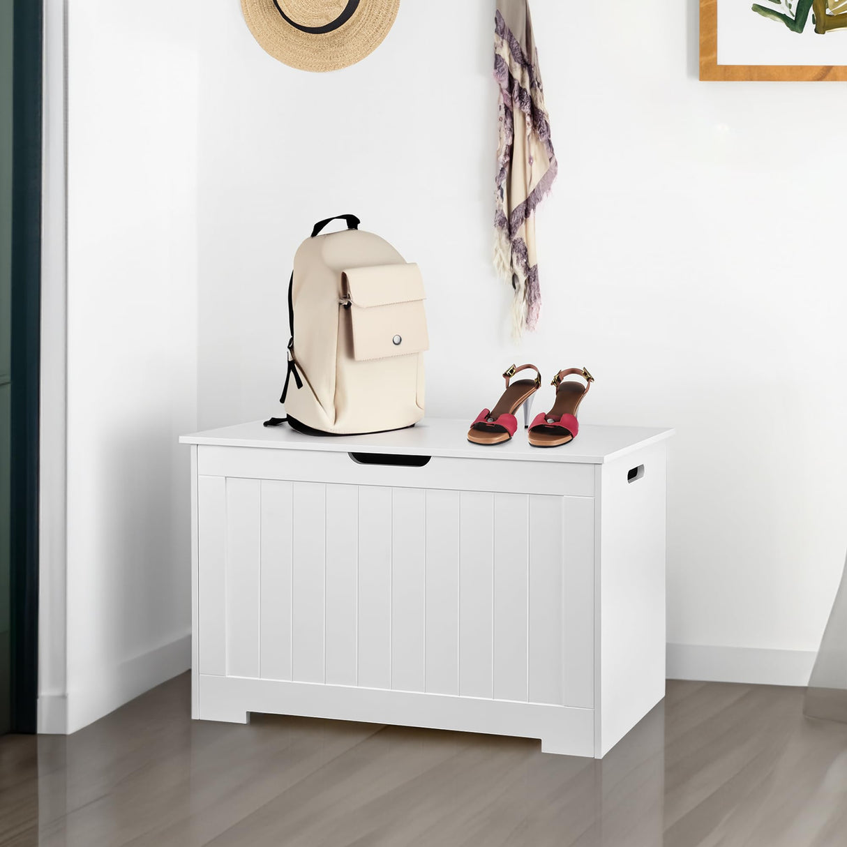 ZENY Lift Top Storage Cabinet Bench, Wooden Chest Room Organizer Bin with 2 Safety Hinges (White) ZENY