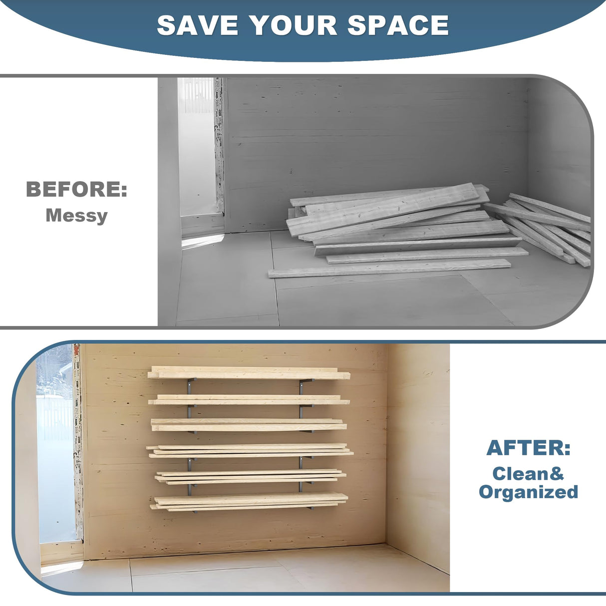 Ultrawall Lumber Storage Rack Wall Mount Wood Storage Racks, Metal Wood Organizer Racks for Shed, Workshop, Garage, Holds Up 220 LBS Per Level (Pack of 4, Black) Ultrawall