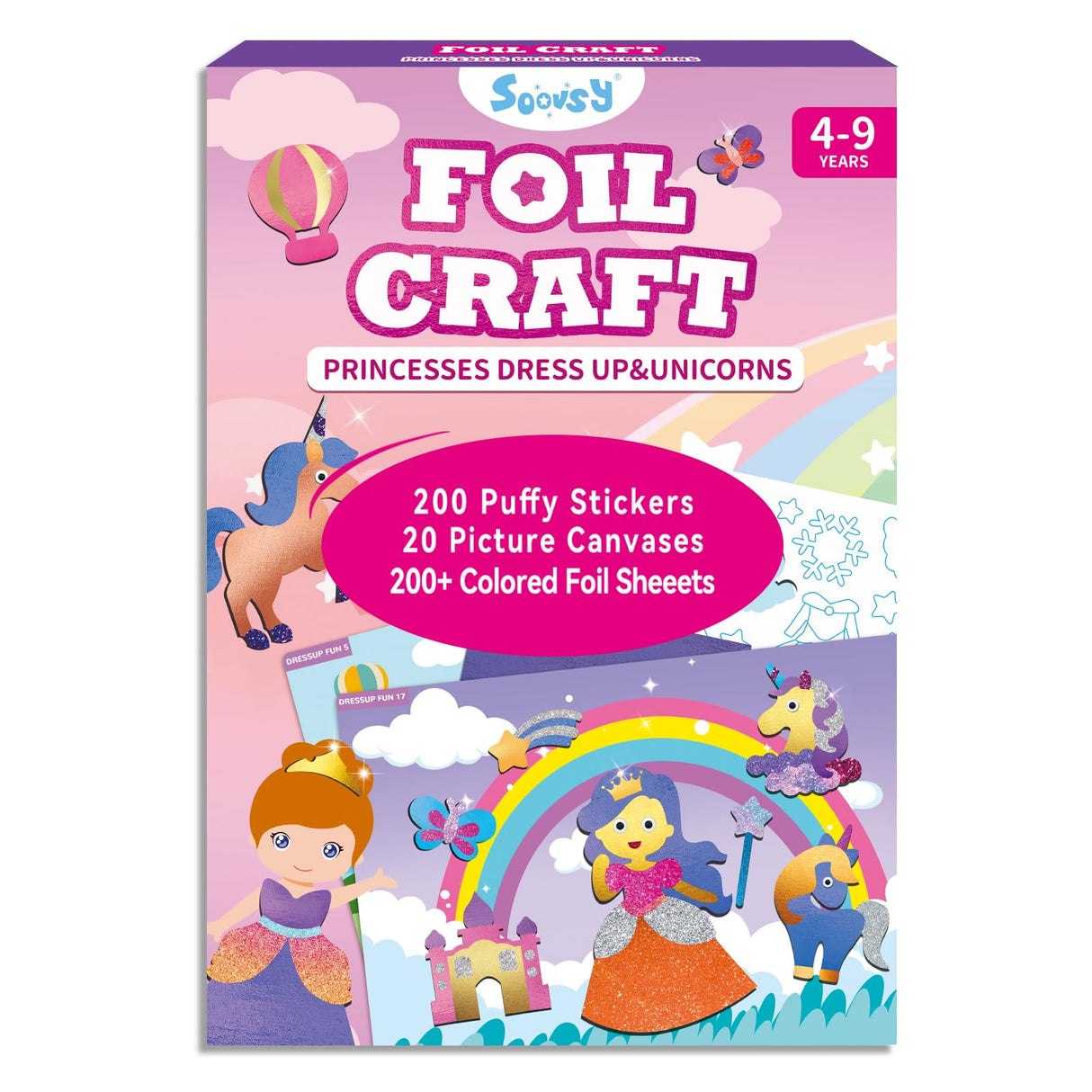 SOOVSY 200 Sheets Princesses & Unicorns Foil Art Fun Kit for Kids, Foil Art Craft DIY Creative Activity Gift Travel Toys for 4 5 6 7 8 9 Years Old Kids Girls Boys(Unicorns & Princesses) SOOVSY