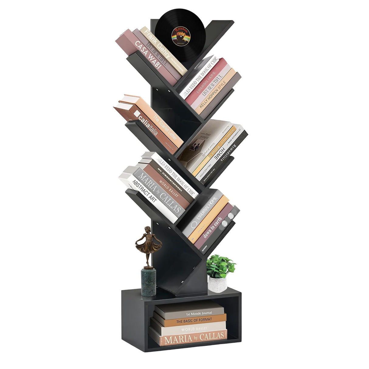 LUSHZLUMBERA 6 Tier Tree Bookshelf, Tall Narrow Wooden Bookcase with Drawer and Storage Cabinet, Freestanding Small Book Shelf Organizer for Bedroom, Living Room, Home Office, Black Display Shelf LUSHZLUMBERA