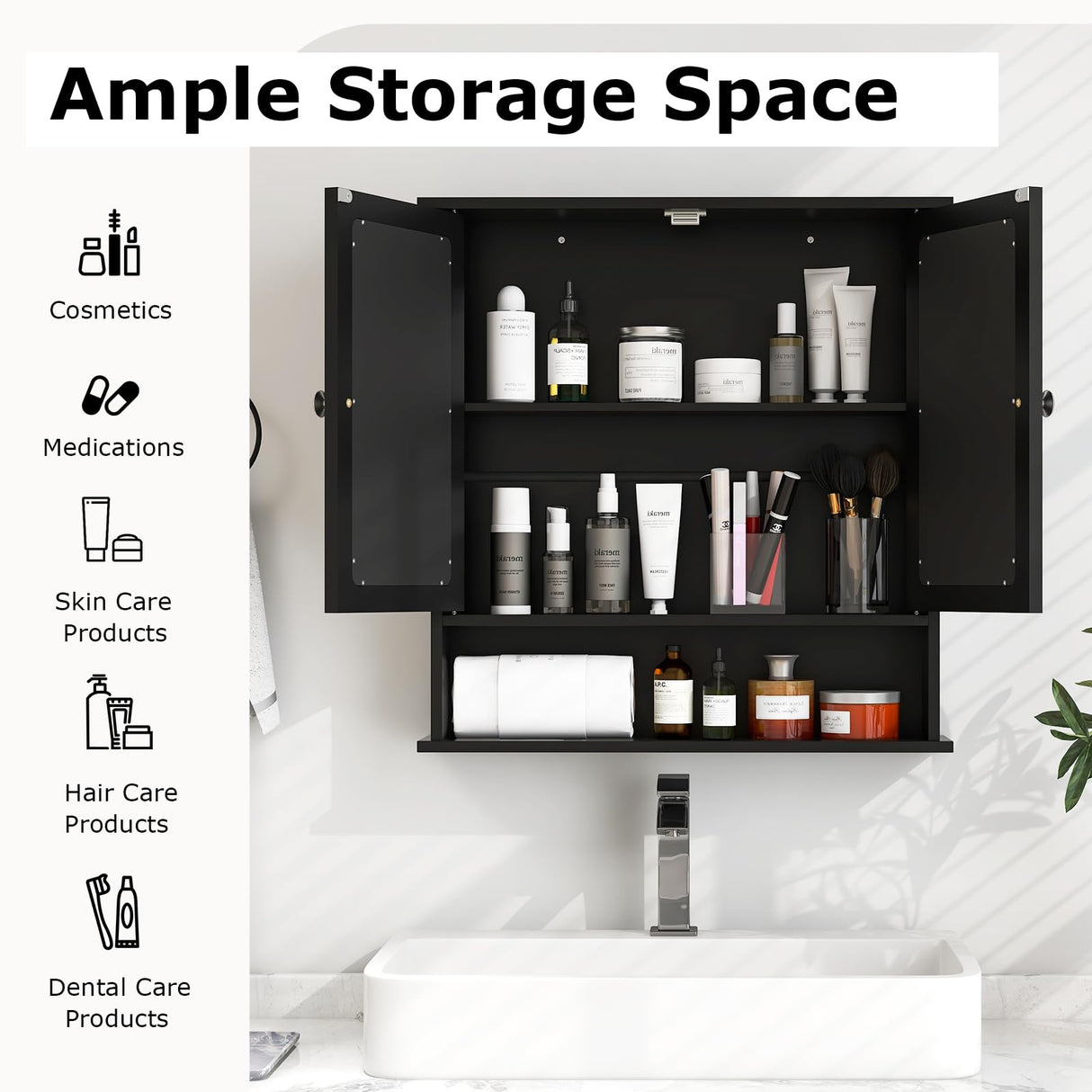 Tangkula Bathroom Medicine Cabinet with Mirror, Wall Mounted Wooden Hanging Organizer with Doors and Shelves, Bathroom Wall Mirror Cabinet (Mirror Doors, Black) Tangkula