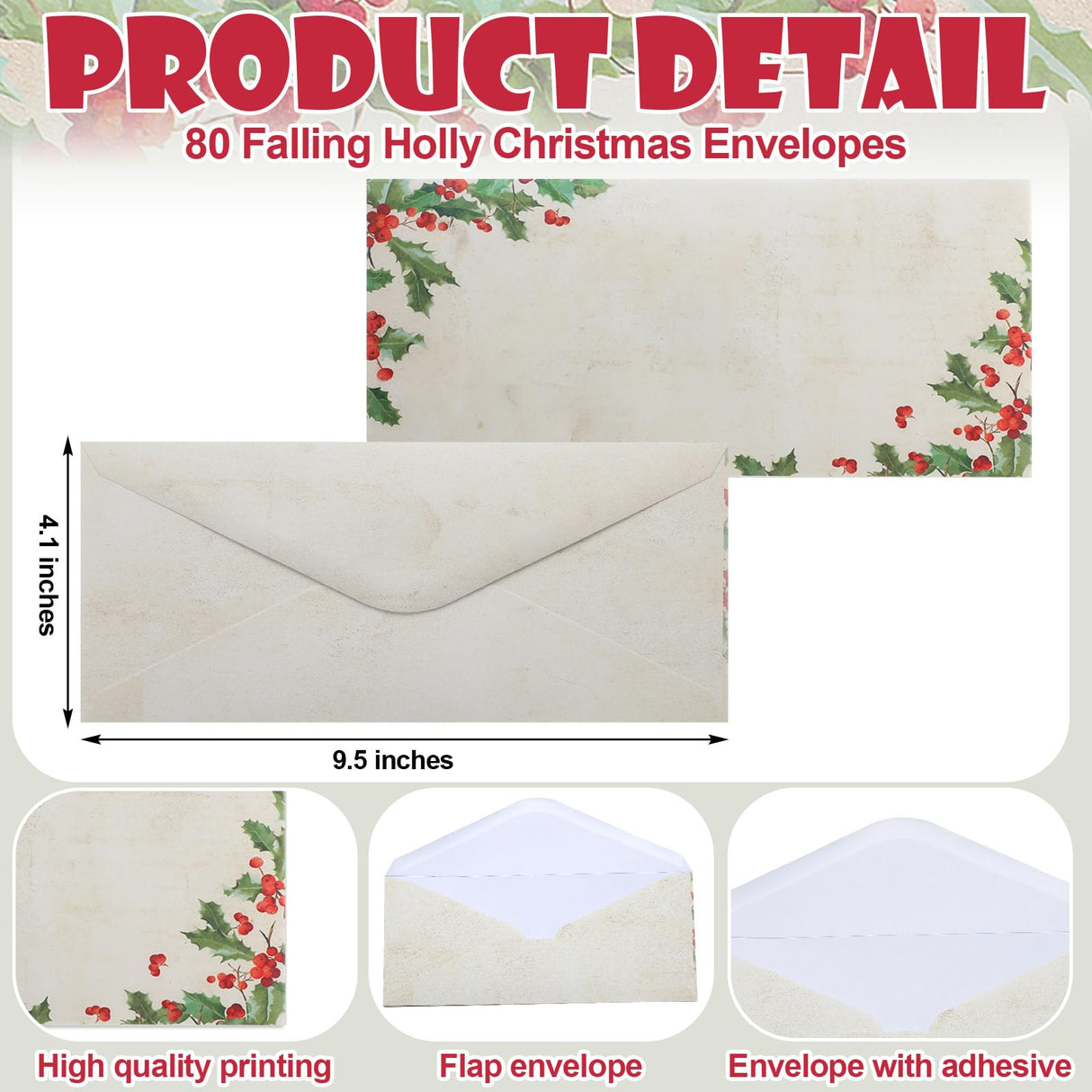 Weekgrat 80 Sets Christmas Stationery Paper with Envelopes 8.5 x 11 Inch Christmas Holiday Paper Envelopes for Holiday Events Notes Invitation Office(Falling Holly) Weekgrat