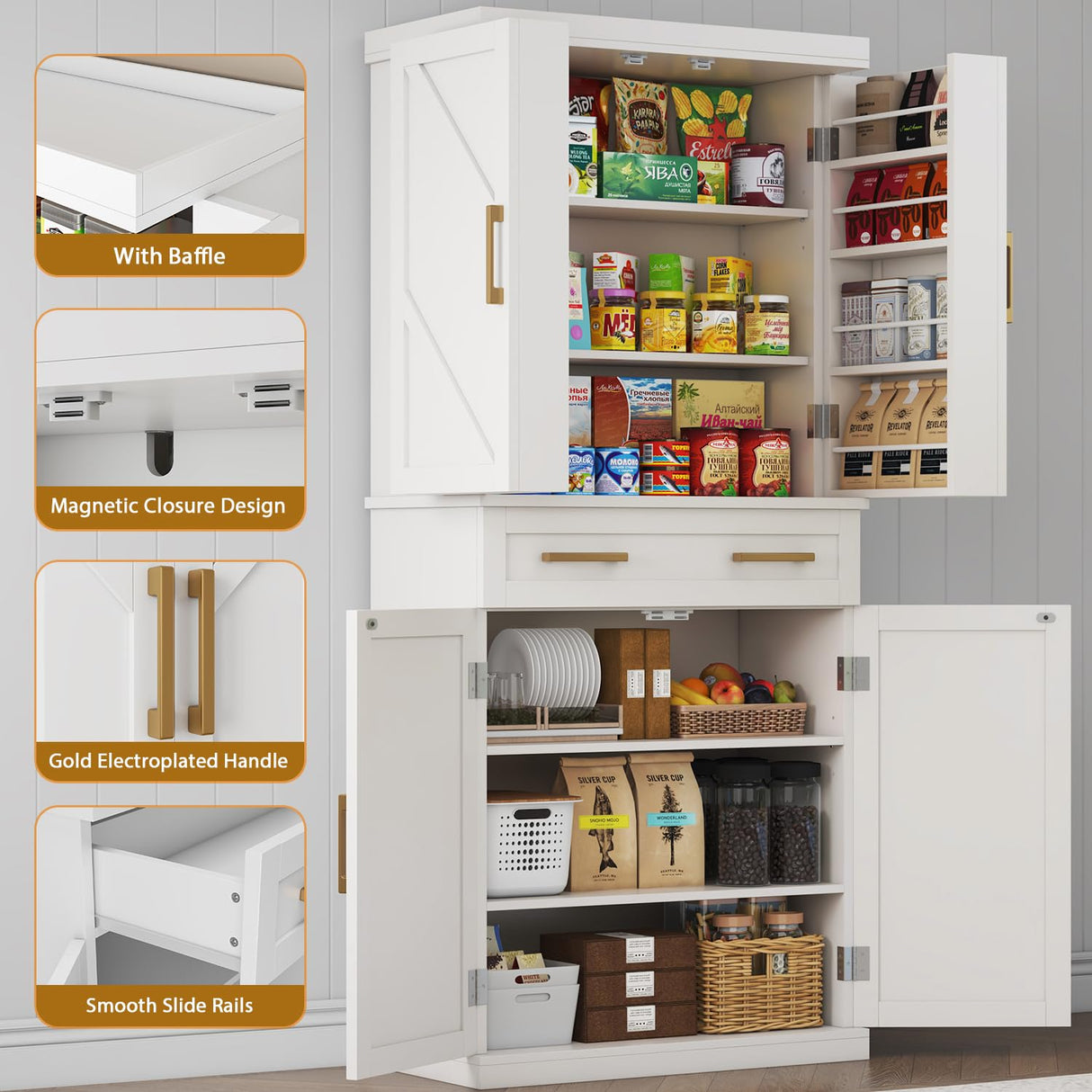 Tall Kitchen Pantry Cabinet with 8 Hanging Shelves, 71” Storage Cabinet with 2 Cabinets, a Large Drawer & Adjustable Shelves, Freestanding Pantry Cabinet for Kitchen, Dining Room, Living Room, White knoworld