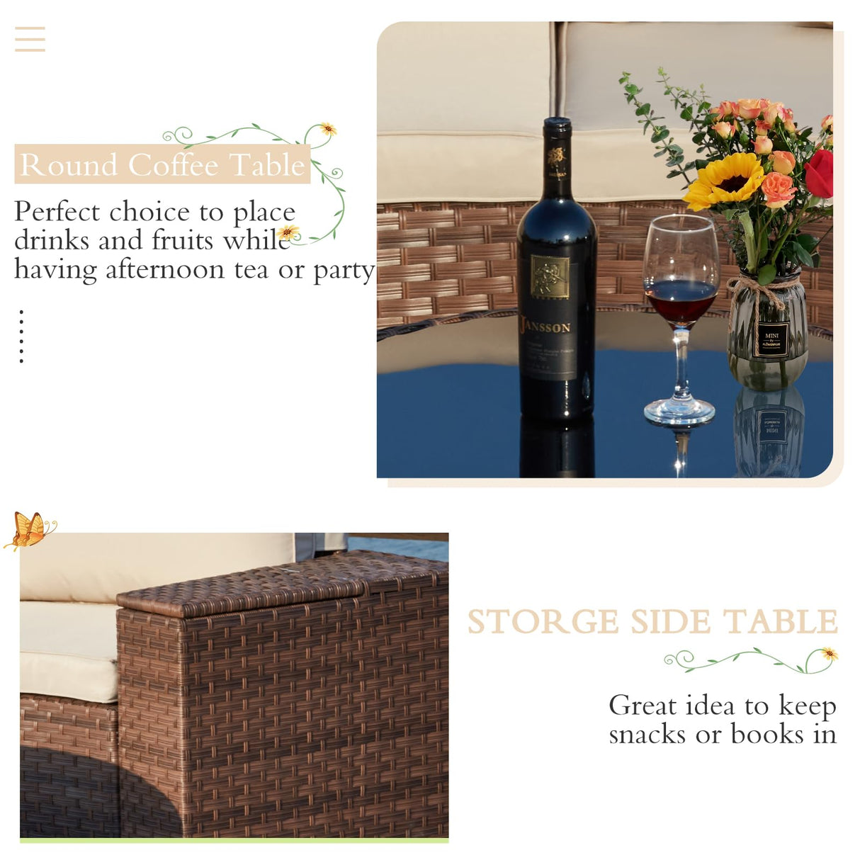 ECOTOUGE 7 Piece Patio Furniture Sets, Half-Moon Circle Conversation Set, Curved Wicker Outdoor Sectional with 2 Storage Armrests and Glass Coffee Table, Garden Balcony and Backyard (Beige) ECOTOUGE