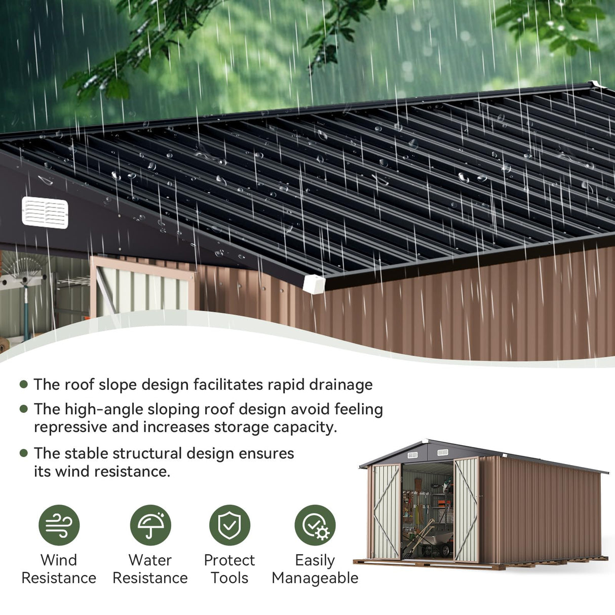 Aoxun 10 x 12FT Outdoor Storage Shed with Double Hinged Large Door Utility Garden Shed with Lockable Door & Sloped Roof Metal Sheds Outdoor Storage for Garden, Backyard, Patio and Backyard, Brown Aoxun