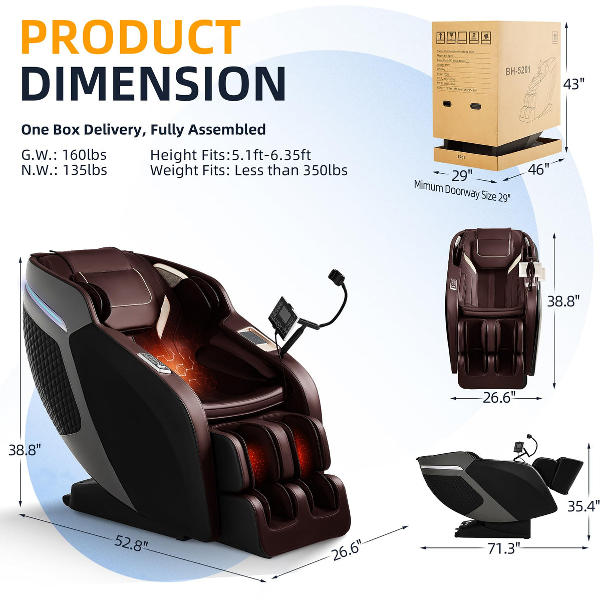 4D Massage Chair Full Body, Zero Gravity SL-Track Shiatsu Massage Chair Recliner with Heating, Body Scan, AI, Calf Kneading, Foot Rollers, Airbags, Footrest Extension, 4 Control Ways, BH-5201(Brown) VUYSUYVY