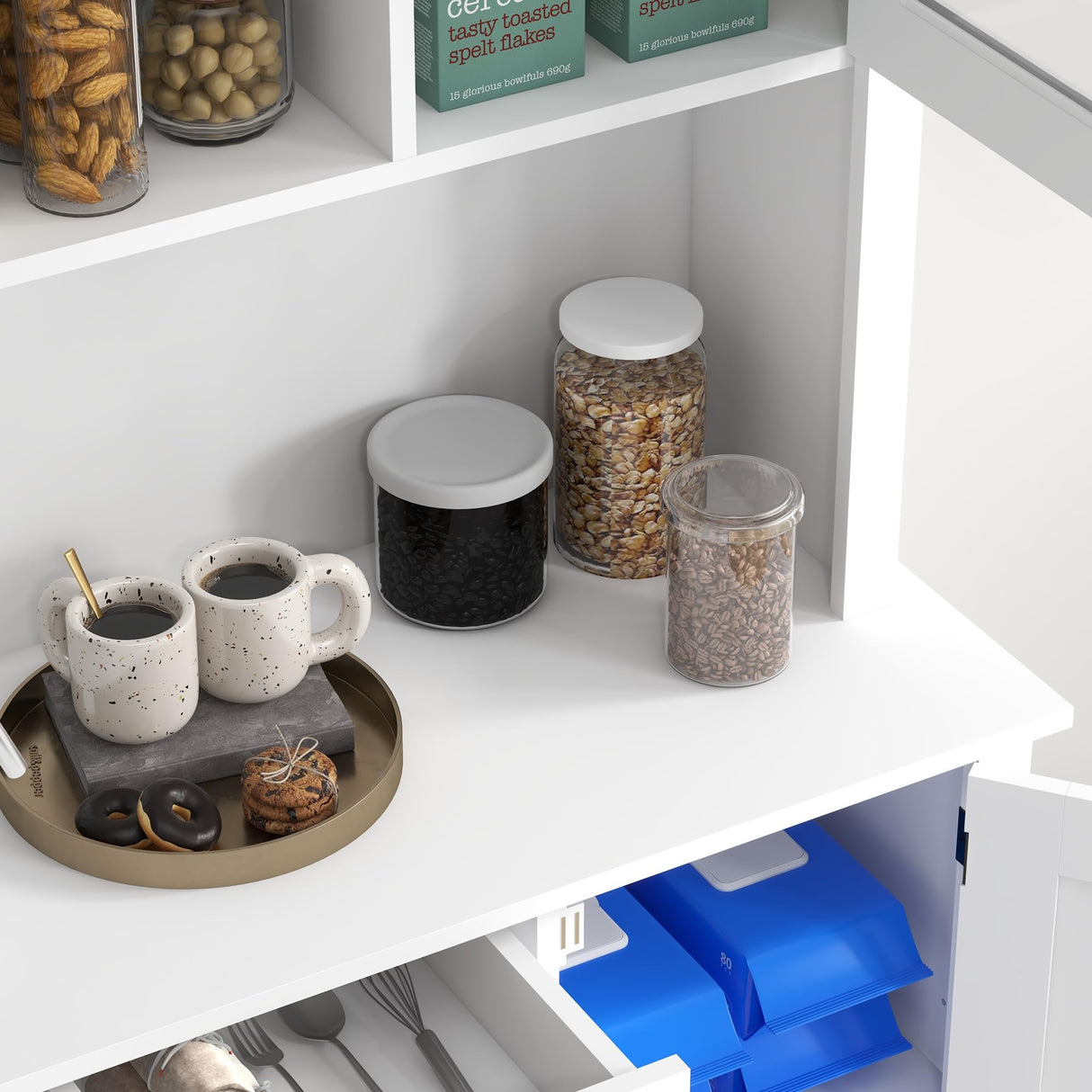 HOMCOM Freestanding Rustic Buffet with Hutch, 4 Door Farmhouse Kitchen Pantry Cabinet, Microwave Stand with Beadboard Panel, Drawer and Adjustable Shelves, White Aosom