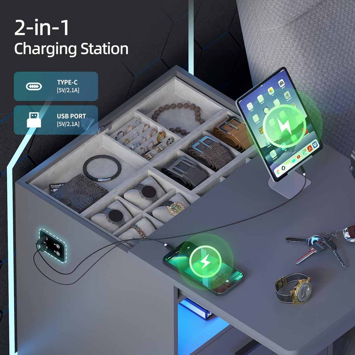 Gurexl LED Nightstand with Gun Drawer, Modern Beside Table with Charging Station, Auto Sensor 3 Color Dimmable Night Stand with Open Compartment for Bedroom (Grey) Gurexl