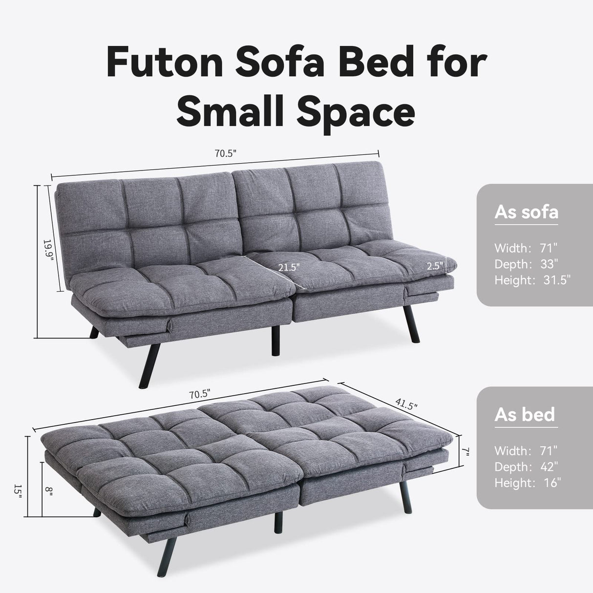 Opoiar Futon Sofa Bed Twin, Memory Foam Couch Bed with Mattress and Frame Included,Comfortable Grey Fabric Loveseat Sleeper Sofa for Dorm Apartment Office College Small Space Bedroom Opoiar