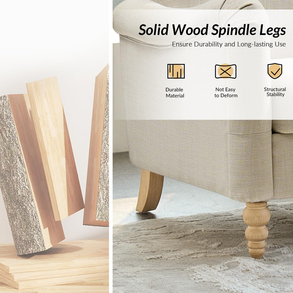 HULALA HOME 50.5" Loveseat Sofa with Stripe Pattern, 2 Seater Farmhouse Sofa with Rolled Wide Armrests and Rubber Wood Legs, Comfy Upholstered Small Couch for Living Room Bedroom, Linen HULALA HOME