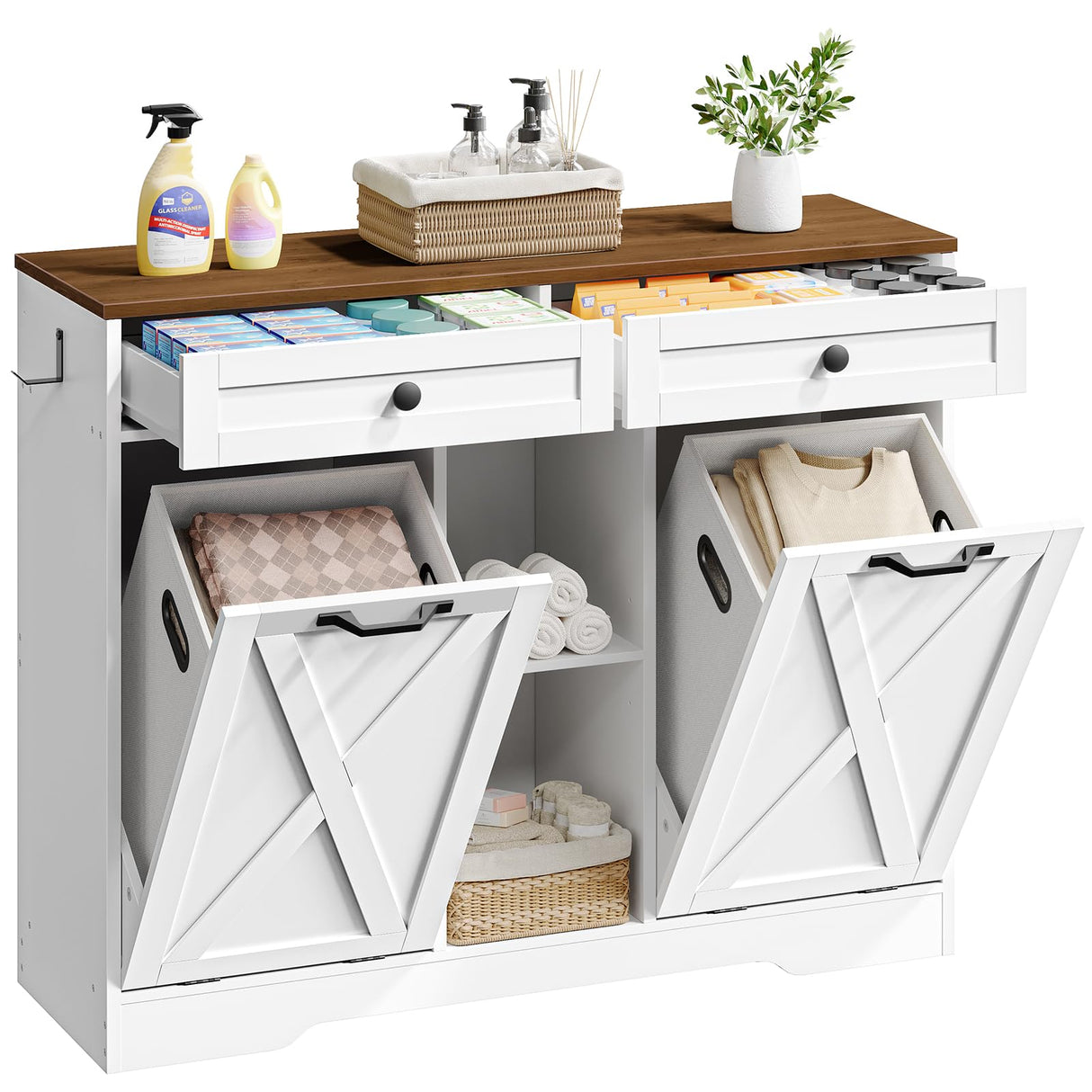 HOOBRO Double Tilt Out Laundry Hamper Cabinet, 41.7" Hidden Laundry Cabinet, with Open Shelving and 2 Removable Baskets, Farmhouse Laundry Storage Basket, for Bathroom, White and Walnut WH11XY01 HOOBRO