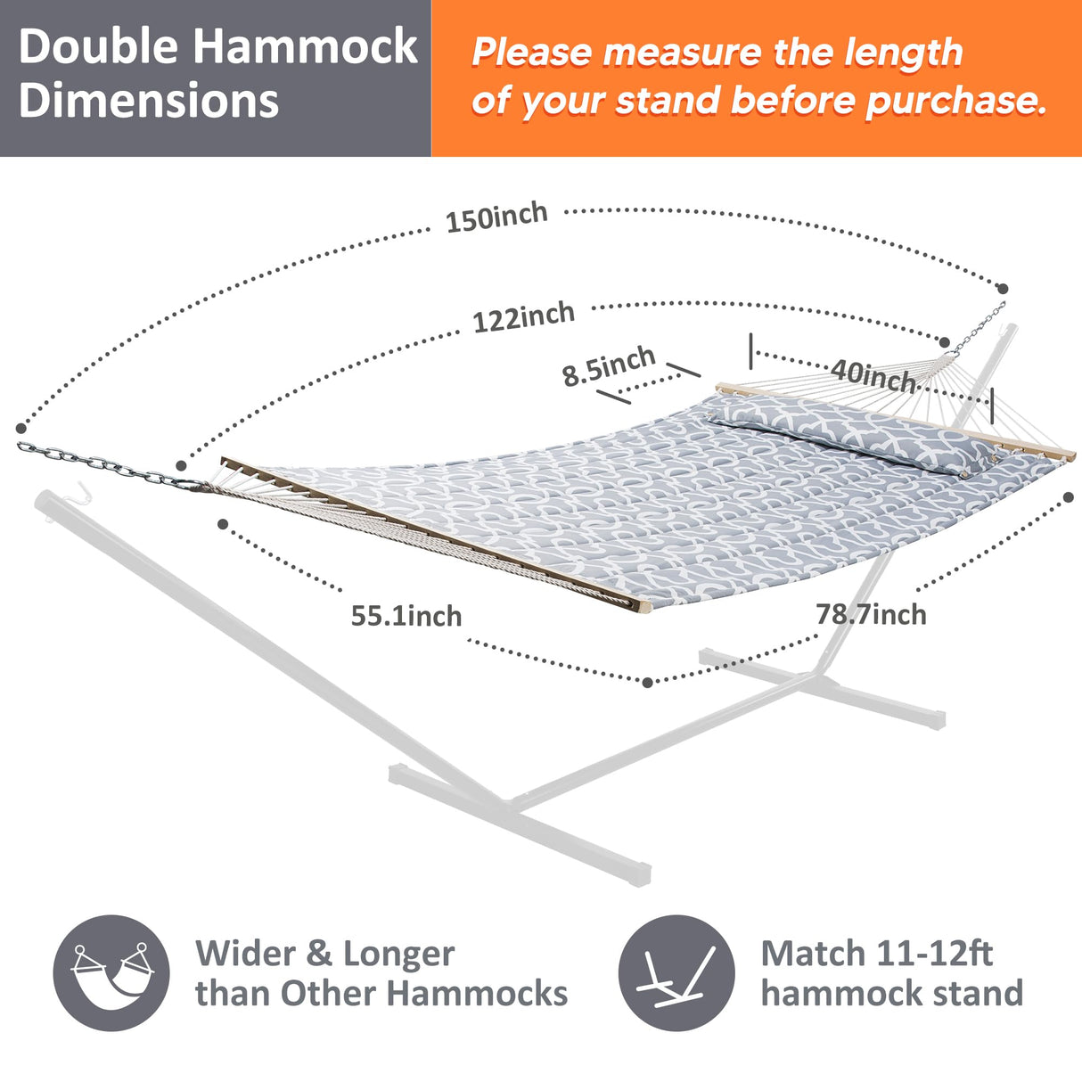 SUNCREAT Double Quilted Hammock with Hardwood Spreader Bar, Extra Large Soft Pillow, Heavy Duty 2 Person Hammock for Indoor, Outdoor, Grey Pattern SUNCREAT