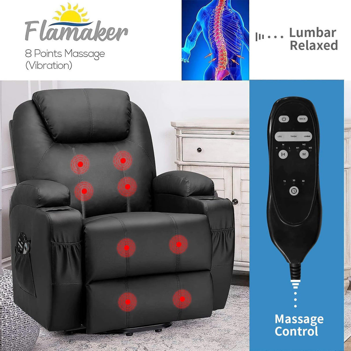 Flamaker Power Lift Recliner Chair with Vibration Massage for Elderly Ergonomic Lounge Chair Classic Single Sofa with Cup Holders Side Pockets for Living Room (Dark Black) Flamaker