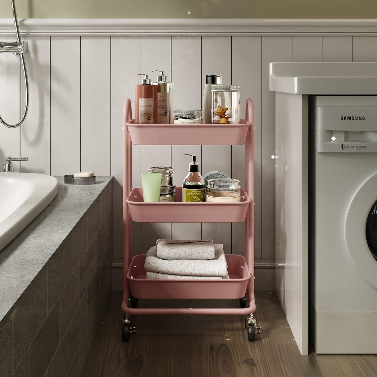 Elitehouse 3-Tier Pink Utility Rolling Cart,Kitchen Storage Carts with Wheels and Plastic Baskets,Pink Rolling Cart for Office,Home,Kitchen,Garden๏ผ18"x11.4"x31.2"๏ผ Elitehouse