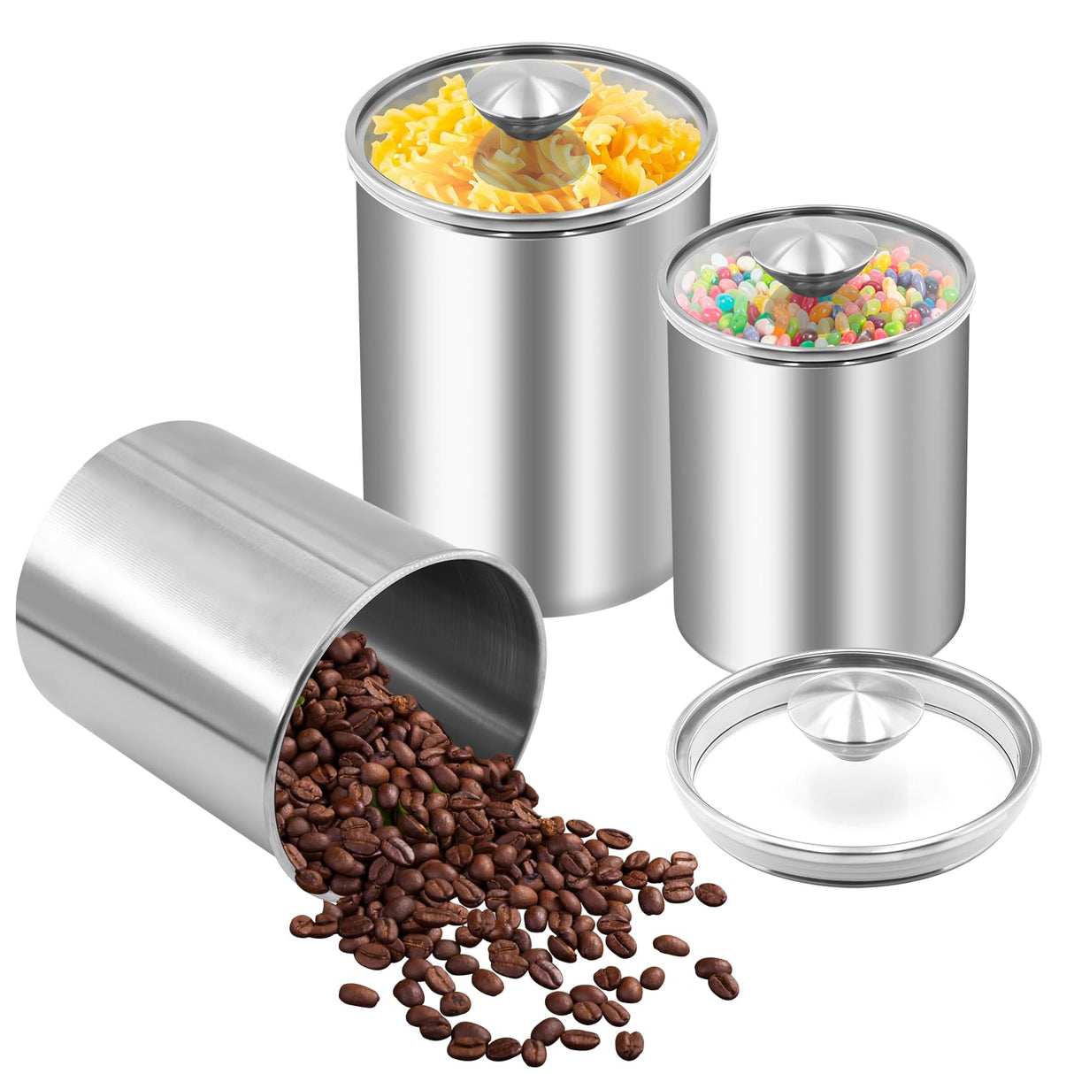 ENLOY Canister Sets for Kitchen Counter, 3 Piece Stainless Steel Food Storage Container with Clear Glass Lids for Coffee, Tea Organizers, Sugar Canister, Flour Canister Set of 3, 88/61/29 oz ENLOY
